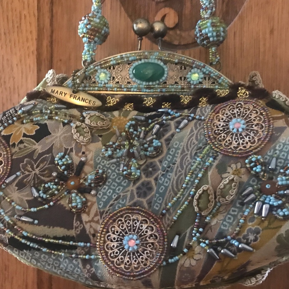 Mary Frances Teal Brown Beaded Embellished Shoulder Bag - Picture 2 of 4